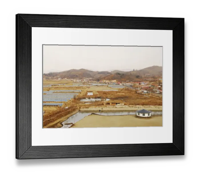 Framed Print : China, Dandong, elevated view of a salt pond with human settlement and mountains Framed Print : China, Dandong, elevated view of a salt pond with human settlement and mountains