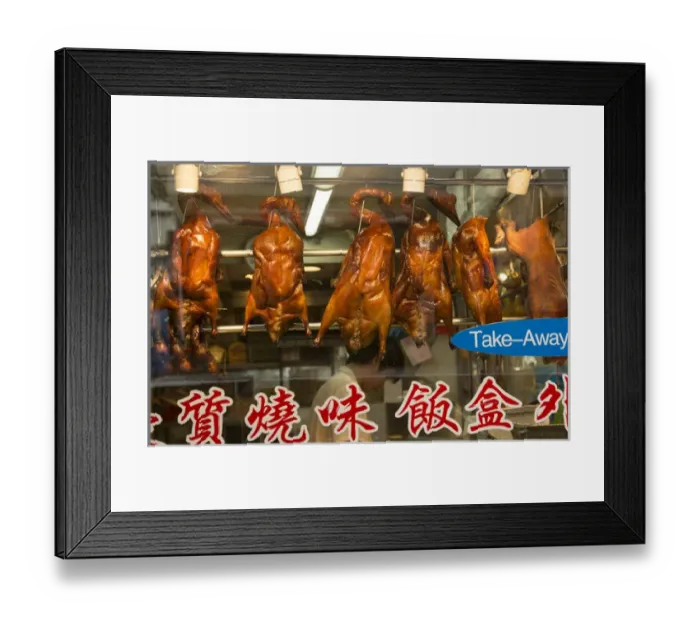 Framed Print : Hong Kong China Peking duck hanging in window Kowloon Woosung Street with reflections