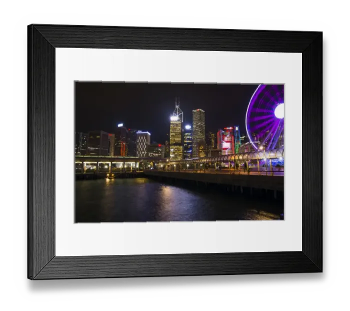 Framed Print : Hong Kong China night skyline with new Ferris Wheel and twilight in city at harbour Framed Print : Hong Kong China night skyline with new Ferris Wheel and twilight in city at harbour