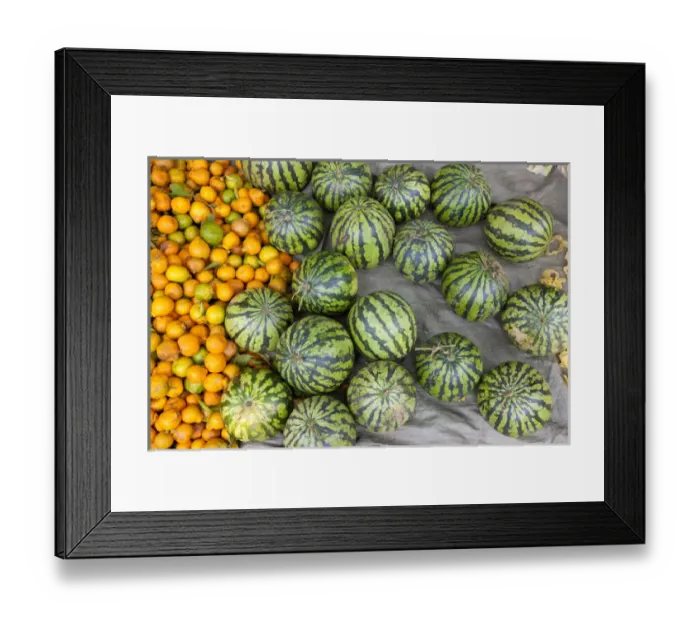 Framed Print : Oranges and watermelons for sale at market, Yuanyang, China Framed Print : Oranges and watermelons for sale at market, Yuanyang, China