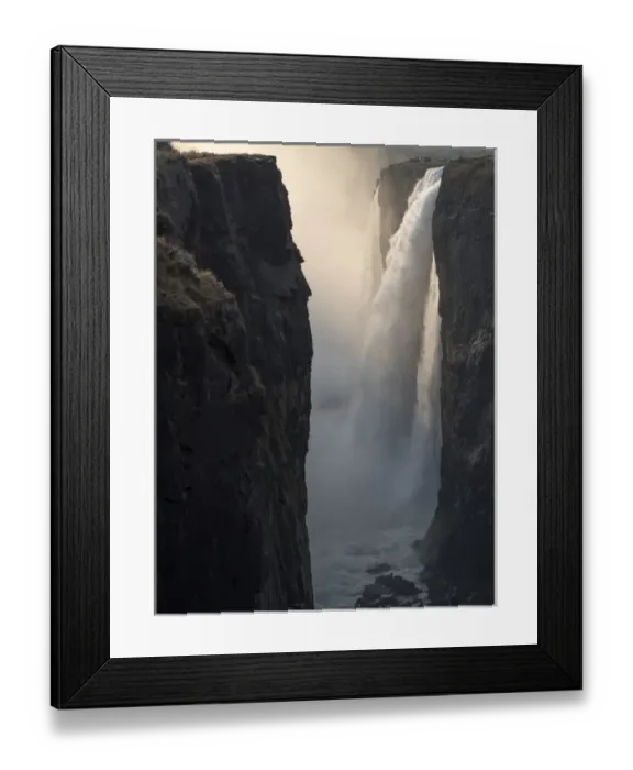 Framed Print : Africa, Zimbabwe, Victoria Falls. Close-up of waterfall and spray at sunrise. Credit as Framed Print : Africa, Zimbabwe, Victoria Falls. Close-up of waterfall and spray at sunrise. Credit as