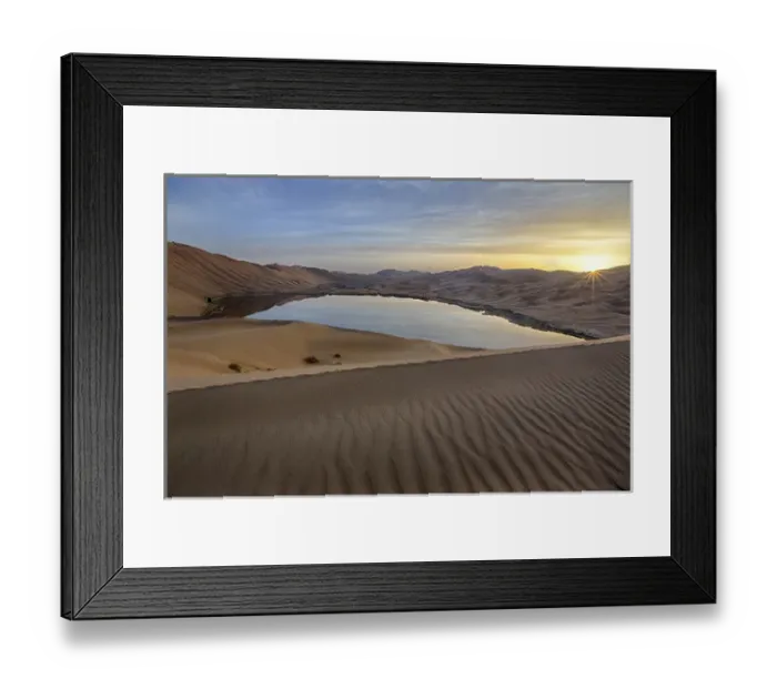 Framed Print : China, Inner Mongolia, Badan Jilin Desert. Sunrise on desert and lake. Credit as