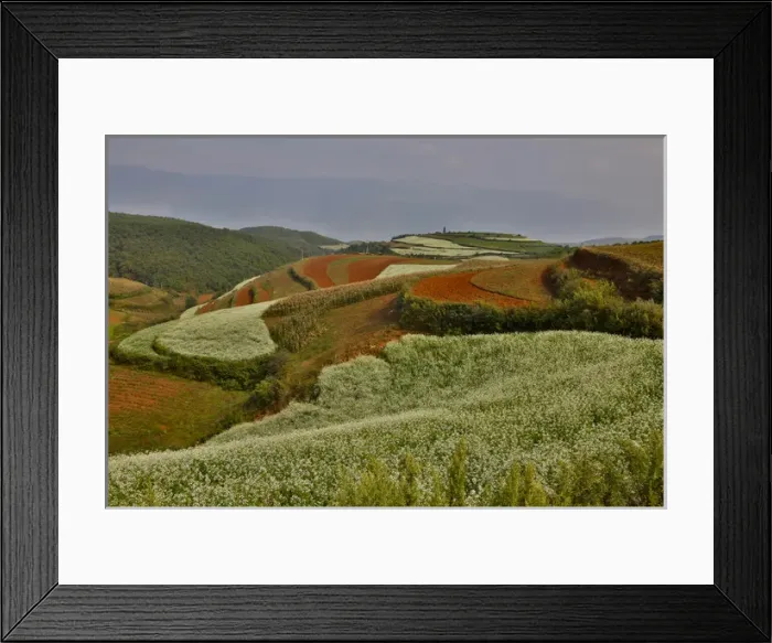 Framed Print : Kunming Dongchuan Red Land area landscape of crop land and rolling hills Framed Print : Kunming Dongchuan Red Land area landscape of crop land and rolling hills