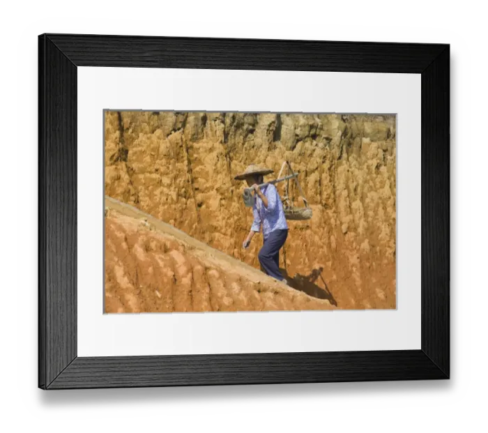 Framed Print : Woman carrying basket on clay hill, Yongding, Fujian, China (MR) Framed Print : Woman carrying basket on clay hill, Yongding, Fujian, China (MR)