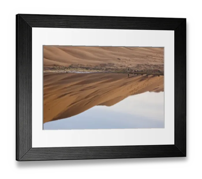 Framed Print : China, Inner Mongolia, Badan Jilin Desert. Desert and sky reflected in lake. Credit as Framed Print : China, Inner Mongolia, Badan Jilin Desert. Desert and sky reflected in lake. Credit as