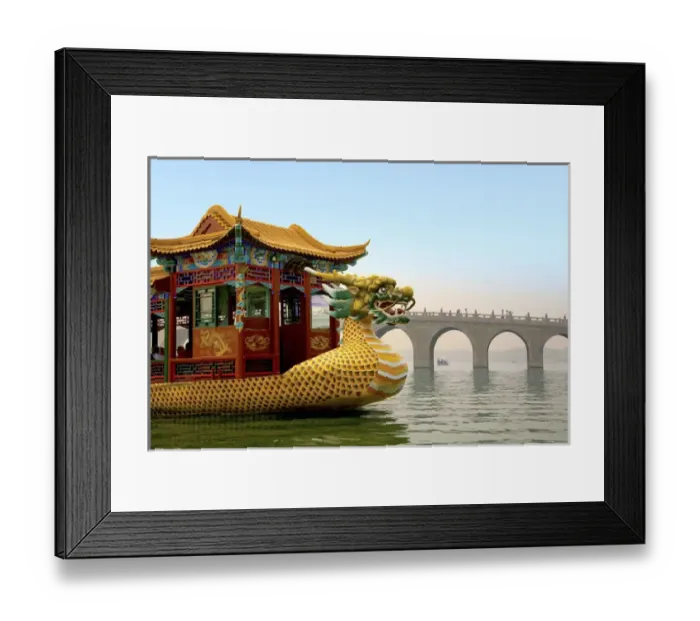Framed Print : The Summer Palace, Beijing, China, a traditional Dragon Boat passes the Seventeen Framed Print : The Summer Palace, Beijing, China, a traditional Dragon Boat passes the Seventeen