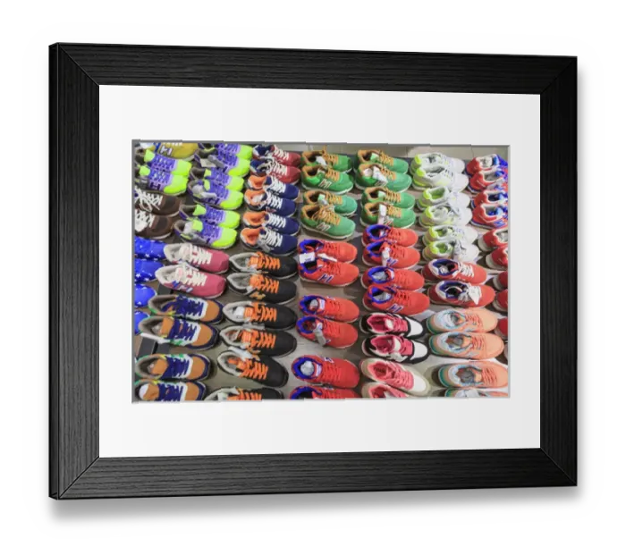 Framed Print : stacks of athletic shoes, shops around Nine Pedestrian Street, Guangzhou, China Framed Print : stacks of athletic shoes, shops around Nine Pedestrian Street, Guangzhou, China