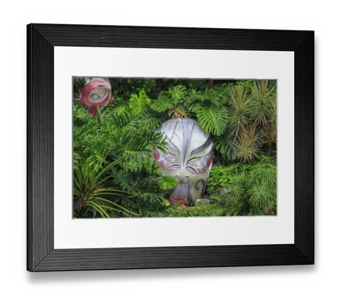 Framed Print : warrior masks in lush green tropical foliage, Lichi Bay Walkway and Park, Guangzhou