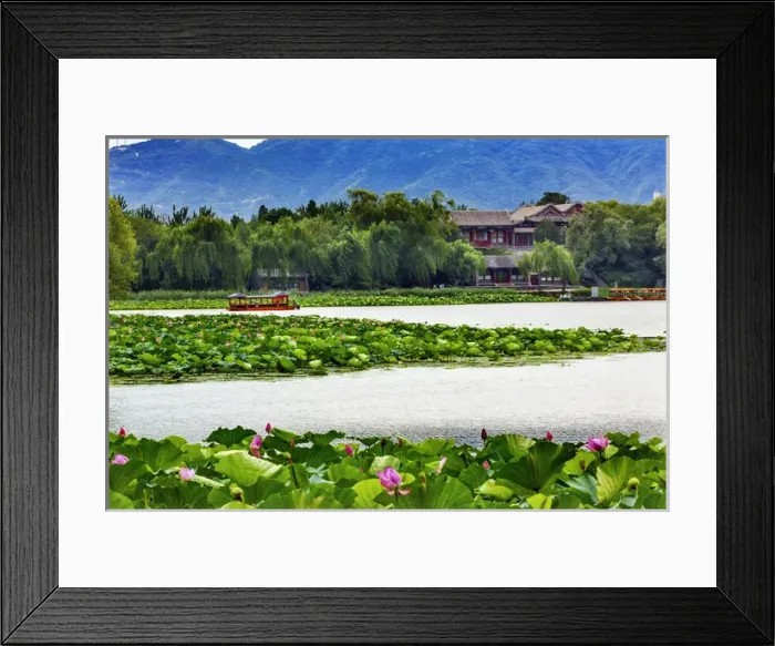 Framed Print : Pink Lotus Pads Garden Boat Buildings Summer Palace Beijing China Framed Print : Pink Lotus Pads Garden Boat Buildings Summer Palace Beijing China