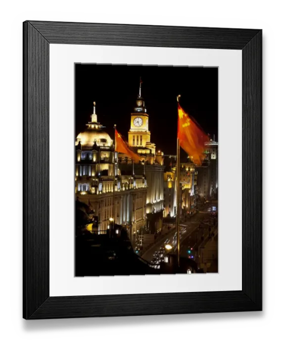 Framed Print : Shanghai China Bund at Night Cars, Flags Framed Print : Shanghai China Bund at Night Cars, Flags