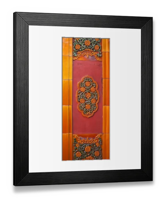 Framed Print : Ceramic Flowers Yellow Wall Gugong, Forbidden City Decorations Emperors Palace Beijing