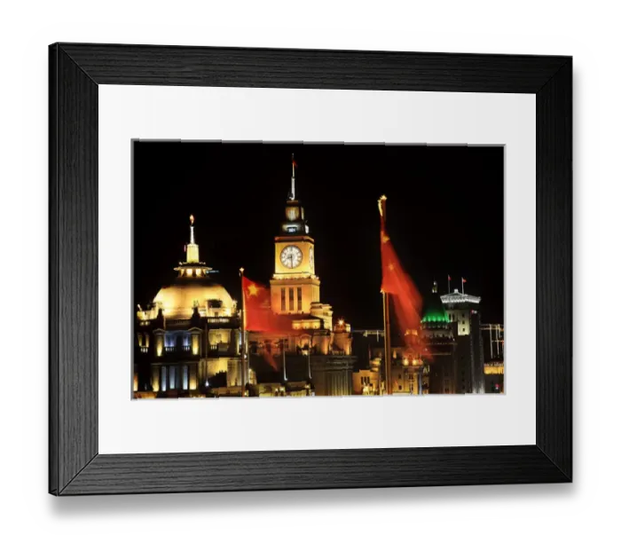 Framed Print : Shanghai China Bund at Night Clock Flags Framed Print : Shanghai China Bund at Night Clock Flags
