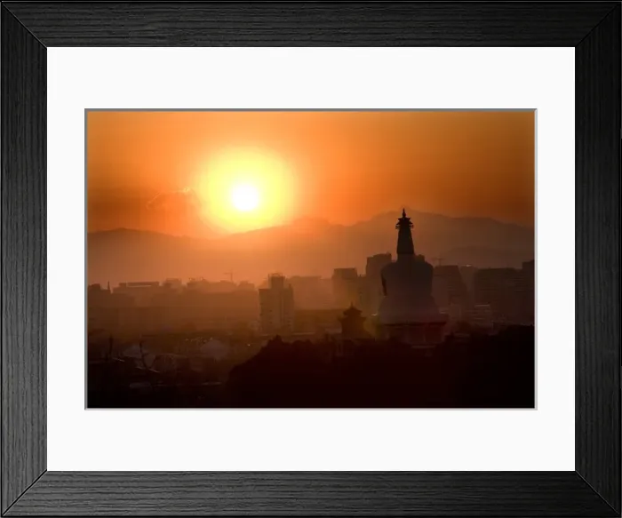 Framed Print : Beihai Stupa with Sunset and Mountains in Background, taken from Jinshang Park, Beijing