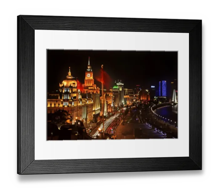 Framed Print : Shanghai China Bund at Night Cars, Flags Trademarks Obscured