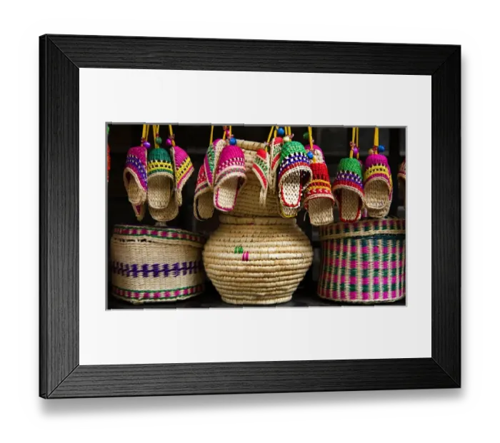 Framed Print : Colorful Straw baskets, shoes and other handicraft items, Chengdu, Sichuan, China