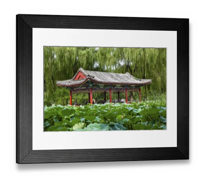 Framed Print : Red Pavilion Lotus Pads Garden Temple of Sun City Park, Beijing, China Willow Green Trees Framed Print : Red Pavilion Lotus Pads Garden Temple of Sun City Park, Beijing, China Willow Green Trees