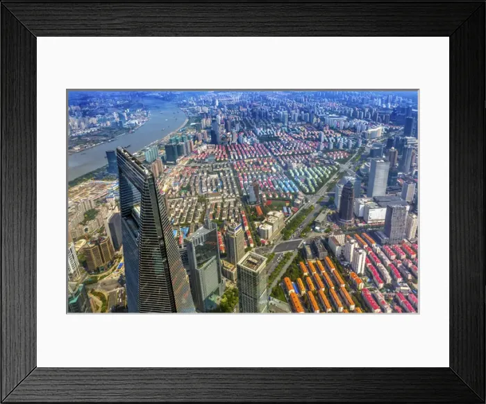 Framed Print : Looking Down on Black Shanghai World Financial Center Skyscraper Huangpu River Cityscape