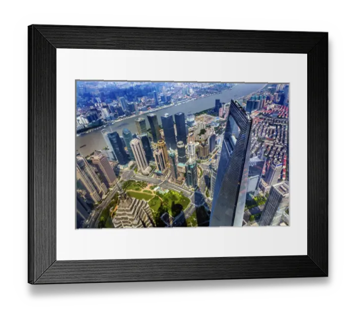 Framed Print : Looking Down on Black Shanghai World Financial Center SkyscraperJin Mao Tower Huangpu