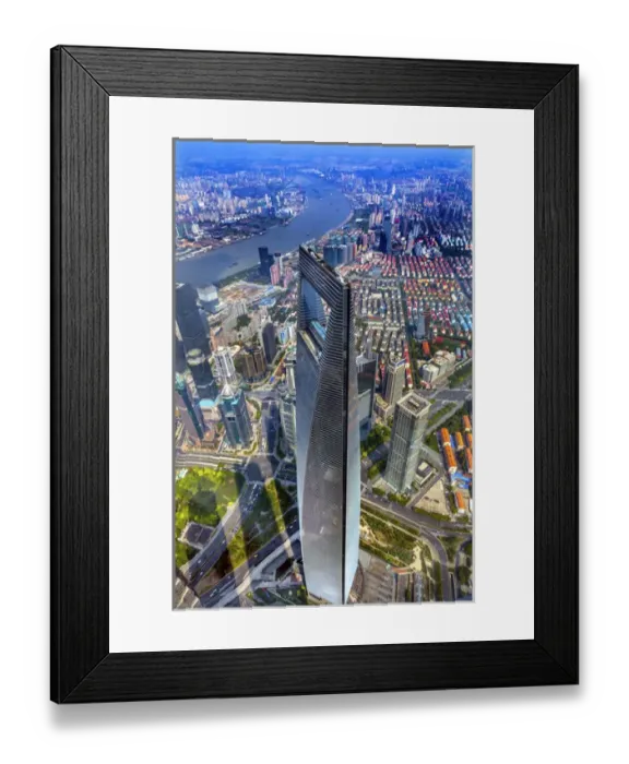Framed Print : Looking Down on Black Shanghai World Financial Center Skyscraper Huangpu River Cityscape