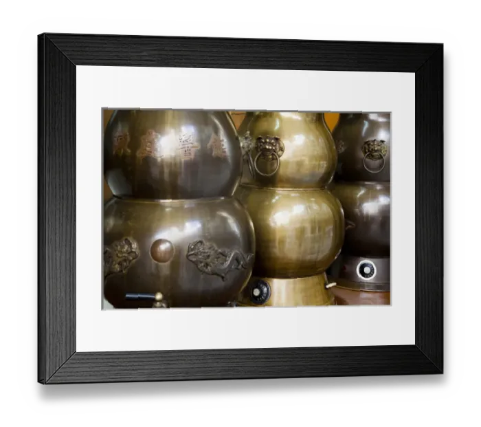 Framed Print : Asia, China, Hong Kong. Very large antique brass herbal medicine tea urns Framed Print : Asia, China, Hong Kong. Very large antique brass herbal medicine tea urns