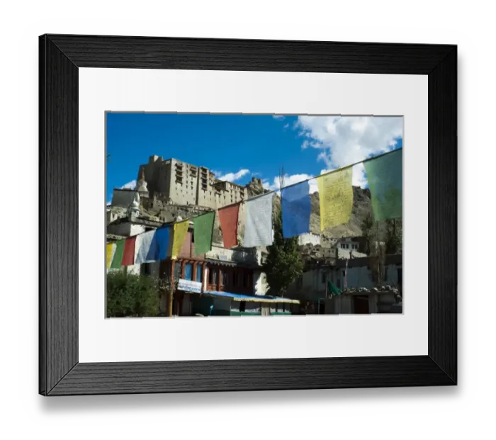 Framed Print : India, Ladakh, Leh, prayer flags with Leh palace in background Framed Print : India, Ladakh, Leh, prayer flags with Leh palace in background