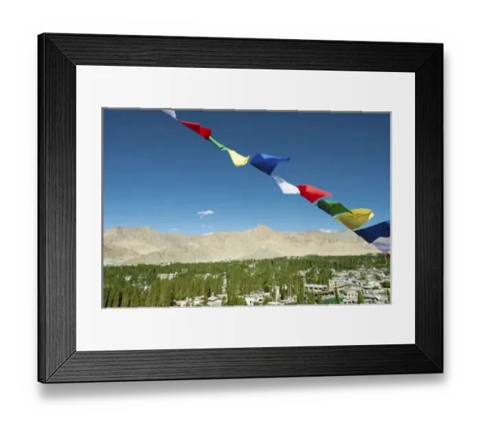 Framed Print : India, Ladakh, Leh, prayer flags with Indus Valley in the background Framed Print : India, Ladakh, Leh, prayer flags with Indus Valley in the background