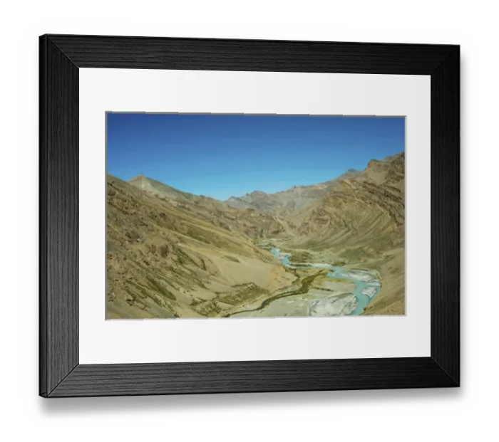 Framed Print : India, Ladakh, scenic rugged landscape with green river in the Himalayas