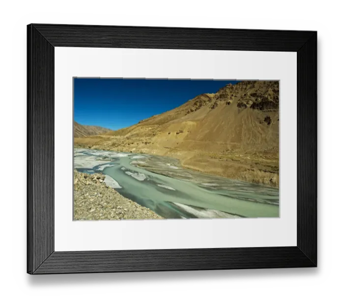 Framed Print : India, Ladakh, scenic rugged landscape with green river in the Himalayas Framed Print : India, Ladakh, scenic rugged landscape with green river in the Himalayas