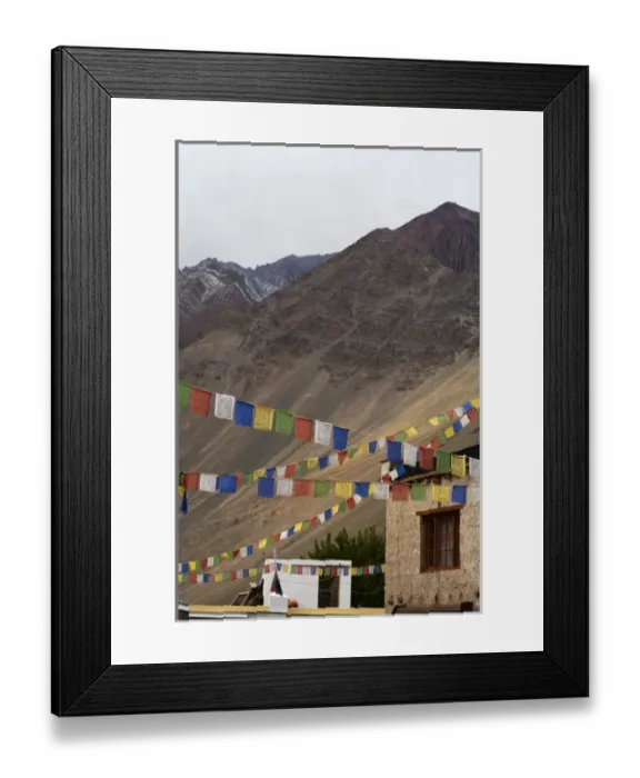 Framed Print : India, Ladakh, Alchi, colorful buddhist prayer flags with Himalayas in the background Framed Print : India, Ladakh, Alchi, colorful buddhist prayer flags with Himalayas in the background