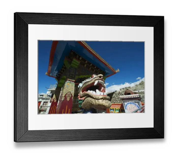 Framed Print : India, Ladakh, Leh, small colorful buddhist temple with dragon figure and Leh Palace Framed Print : India, Ladakh, Leh, small colorful buddhist temple with dragon figure and Leh Palace