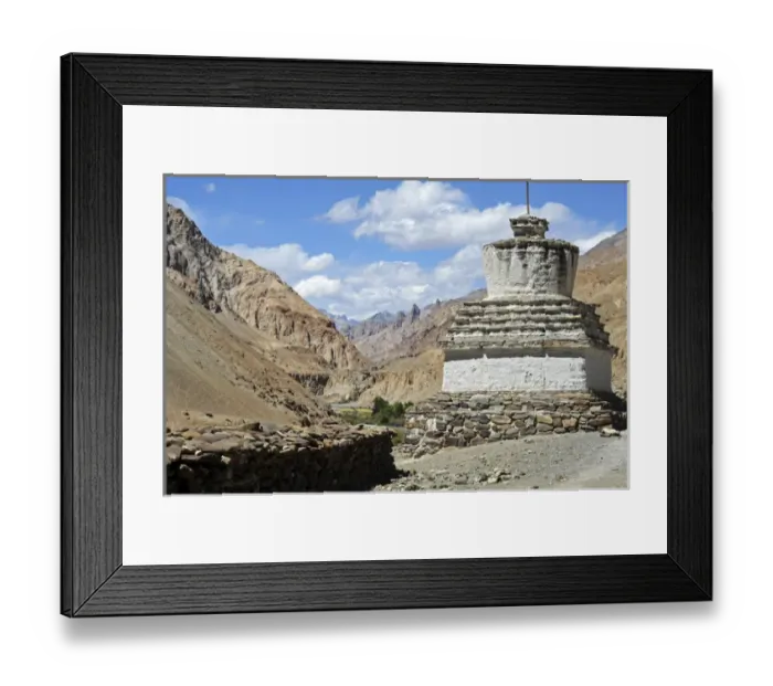 Framed Print : India, Ladakh, Markha Valley, white stupa in scenic landscape of the Himalayas with Framed Print : India, Ladakh, Markha Valley, white stupa in scenic landscape of the Himalayas with