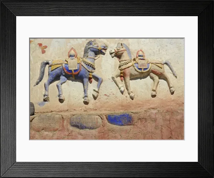 Framed Print : India, Ladakh, Thiksey, indian and buddhist gods and horses sculpted colorfully on temple Framed Print : India, Ladakh, Thiksey, indian and buddhist gods and horses sculpted colorfully on temple
