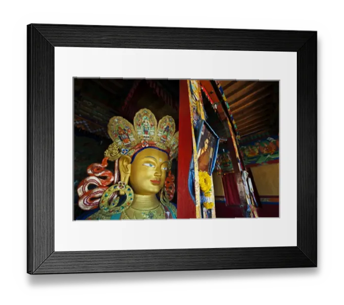 Framed Print : India, Ladakh, Thiksey, picture of Dalai Lama next to golden Maitreya Buddha inside