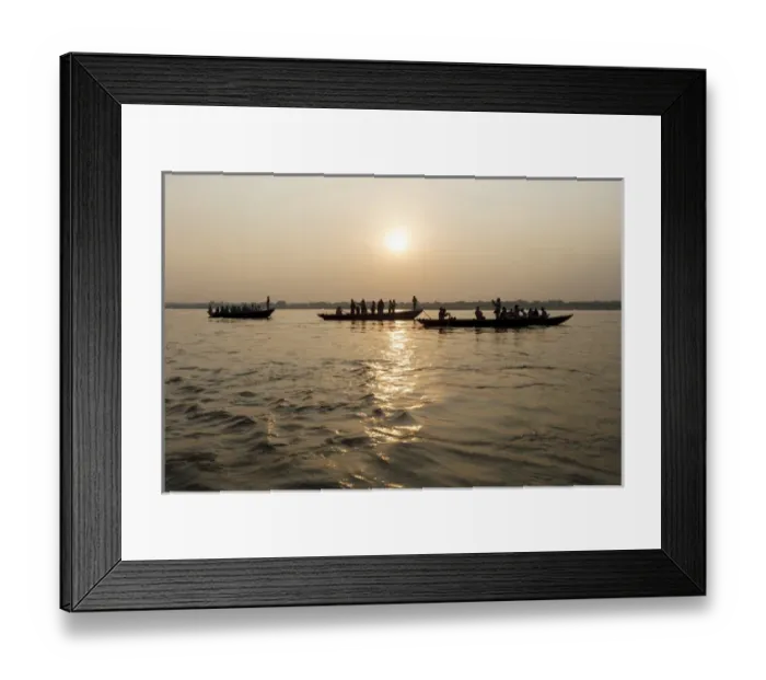 Framed Print : Three wooden boats filled with tourists at sunrise on Ganges river, Varanasi, India Framed Print : Three wooden boats filled with tourists at sunrise on Ganges river, Varanasi, India