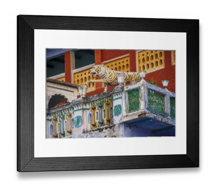 Framed Print : Decorated balcony with a tiger statue, Varanasi, India Framed Print : Decorated balcony with a tiger statue, Varanasi, India