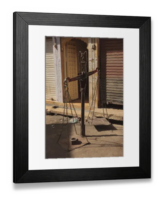 Framed Print : India, Rajasthan, Jaisalmer. Scales in front of shop