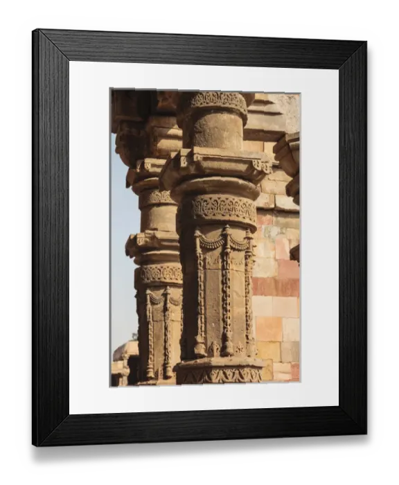 Framed Print : India, Delhi. Carved stone columns at Qutub Minar