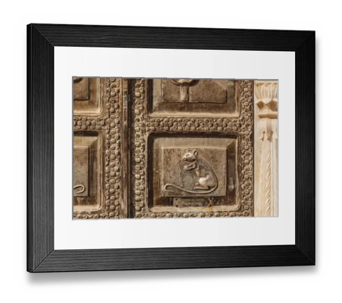 Framed Print : India, Rajasthan, Bikaner, Karni Mata Temple, Detail of rat on door Framed Print : India, Rajasthan, Bikaner, Karni Mata Temple, Detail of rat on door