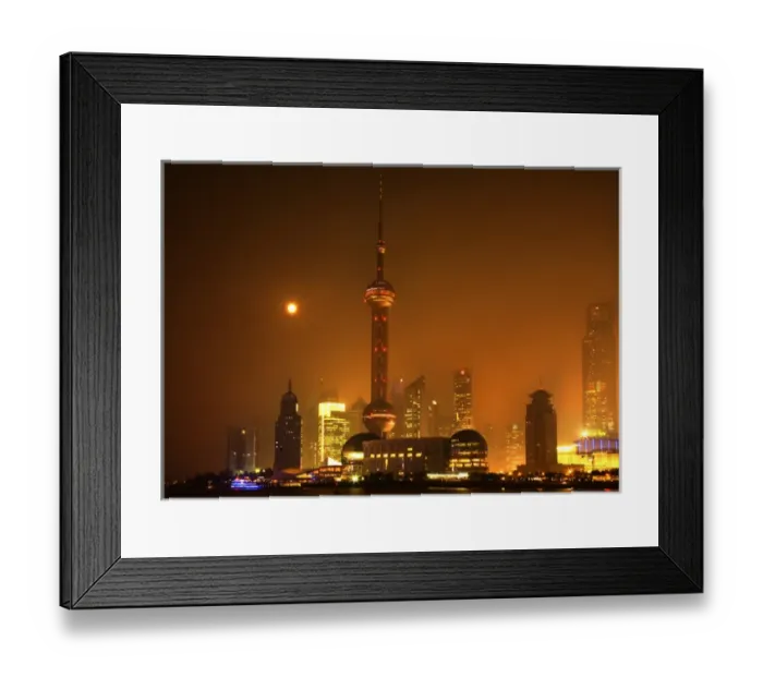 Framed Print : Shanghai Pudong Chna Skyline at Night with TV Tower with Moon and Reflections Orange Framed Print : Shanghai Pudong Chna Skyline at Night with TV Tower with Moon and Reflections Orange