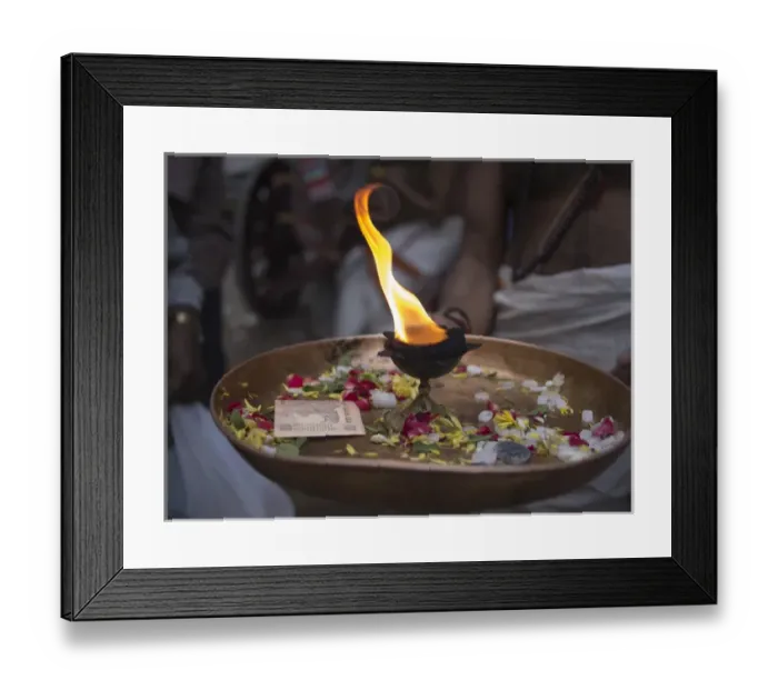 Framed Print : A fire burns in a golden bowl in Bangalore, Karnataka, India Framed Print : A fire burns in a golden bowl in Bangalore, Karnataka, India