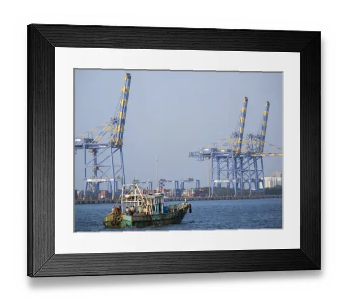 Framed Print : Fishing boat and crane at Cochin, Kerala, India