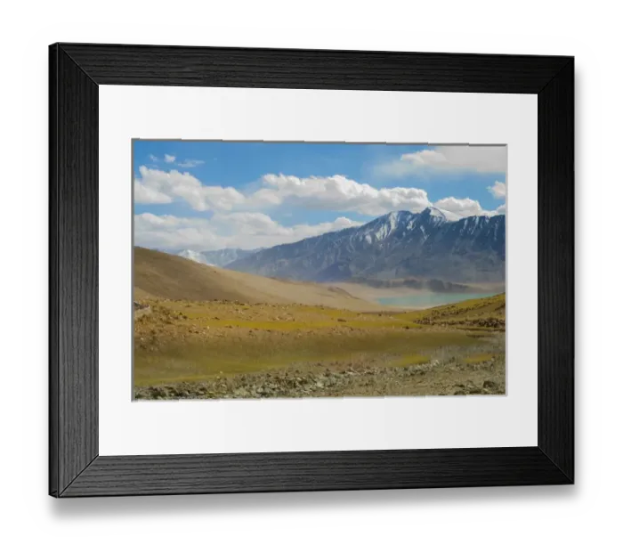 Framed Print : India, Jammu & Kashmir, Ladakh, landscape of low grass valley, a lake and snow-capped mountains