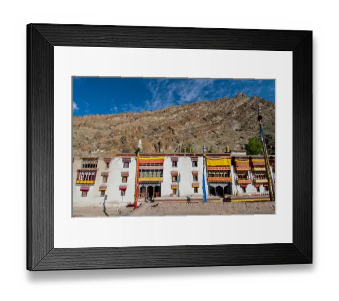 Framed Print : India, Jammu & Kashmir, Ladakh, Hemis Monastery facade with craggy cliff in the background
