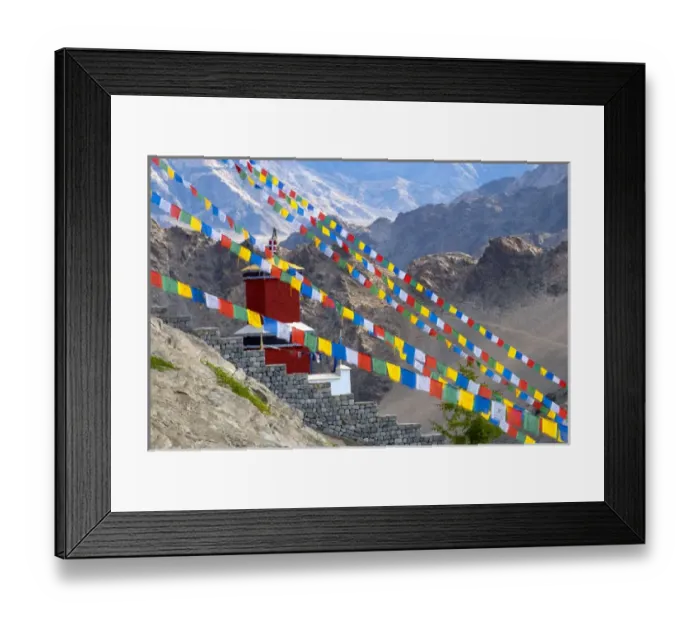 Framed Print : India, Jammu & Kashmir, Ladakh, Leh, strings of prayer flags and a small red structure Framed Print : India, Jammu & Kashmir, Ladakh, Leh, strings of prayer flags and a small red structure