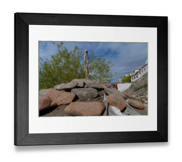 Framed Print : India, Jammu & Kashmir, Ladakh, Leh, prayer stones and flags in front of Thiksey Framed Print : India, Jammu & Kashmir, Ladakh, Leh, prayer stones and flags in front of Thiksey