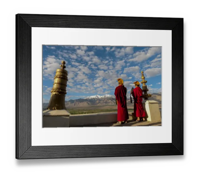 Framed Print : India, Jammu & Kashmir, Ladakh, Leh, two monks playing horns at sunrise on the roof Framed Print : India, Jammu & Kashmir, Ladakh, Leh, two monks playing horns at sunrise on the roof