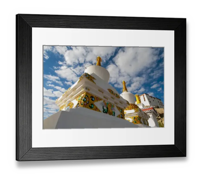 Framed Print : India, Jammu & Kashmir, Ladakh, Leh, white chortons, highly decorated in gold and green