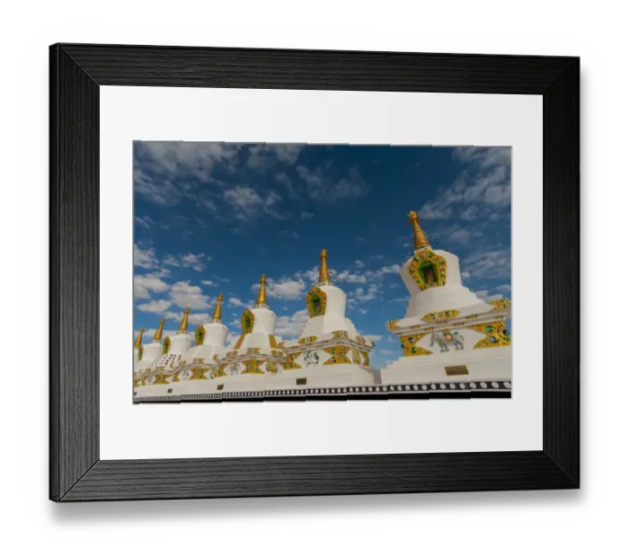 Framed Print : India, Jammu & Kashmir, Ladakh, Leh, white chortons, highly decorated in gold and green Framed Print : India, Jammu & Kashmir, Ladakh, Leh, white chortons, highly decorated in gold and green