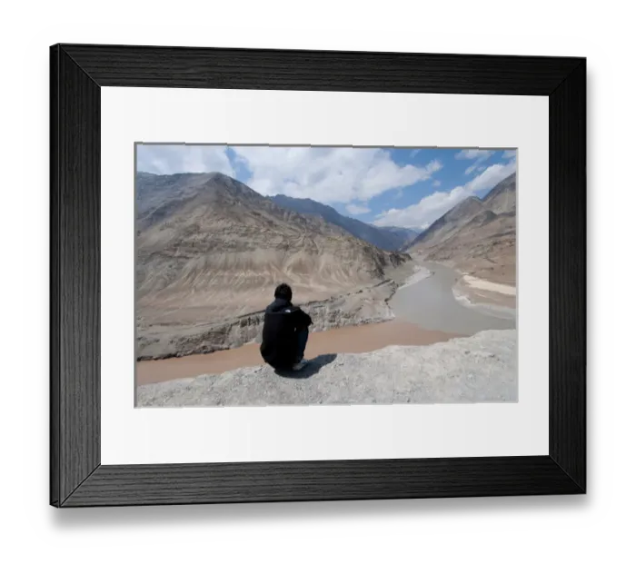 Framed Print : India, Jammu & Kashmir, Ladakh, man sitting above the Zanskar and Indus River confluence