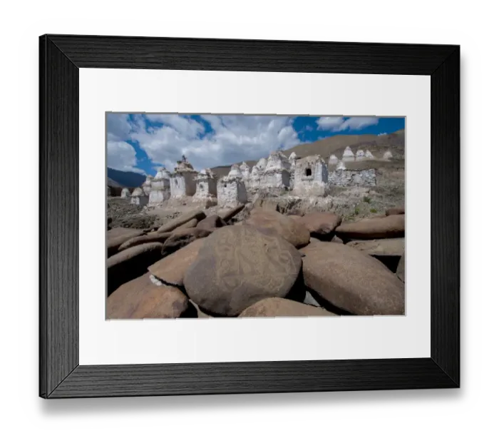 Framed Print : India, Jammu & Kashmir, Ladakh, Stok, chortons and prayer stones below Stok Palace